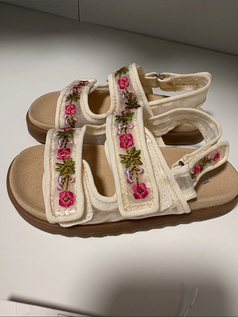 New Zara Cream Sandals with Pink & Green Floral Embroidery - Kids